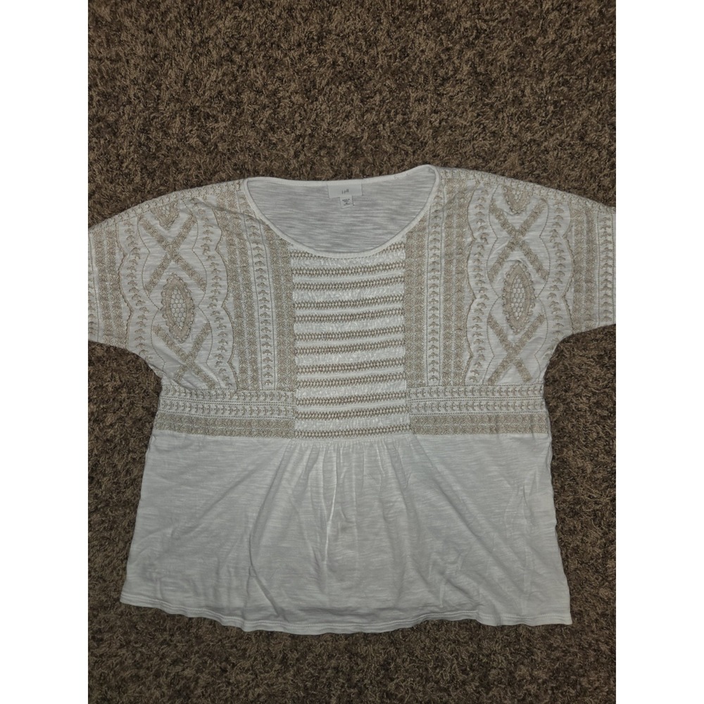 J.Jill White Knit Top Sz Med M Petite MP Gold Embroidered Geometric Boho Cottage